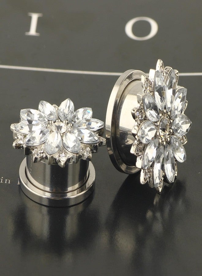 Lieson Gauges Tunnels, 2PCS Stainless Steel Tunnels Flower with Cubic Zirconia Ear Gauges 00G Silver - Image 5